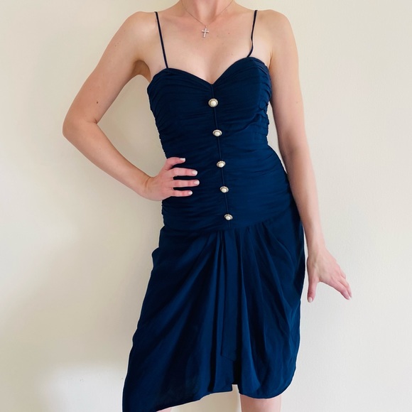 Vintage ST. GILLIAN NAVY BLUE SILK THIN STRAP Mini PARTY DRESS button front - Picture 3 of 7